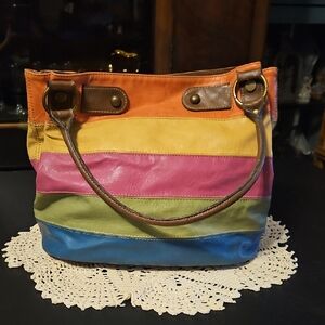 Colorful Striped Leather Tote Bag By AXCESS a Liz Claiborne Company
